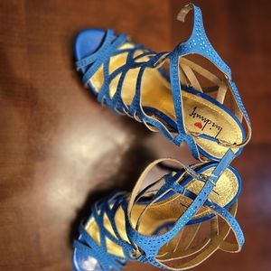 Luichiny Bright Blue Rhinestone Strap Platform High Heel Shoes Size 8